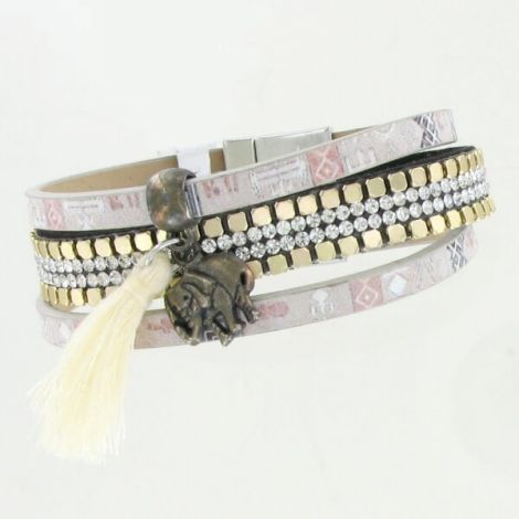 Bracelet multirangs pompon blanc et éléphant