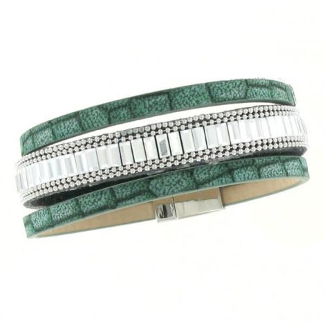 Bracelet multirangs simili cuir vert et strass
