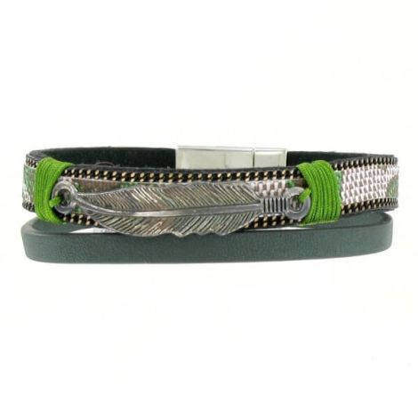 Bracelet simili cuir 2 rubans et plume métal