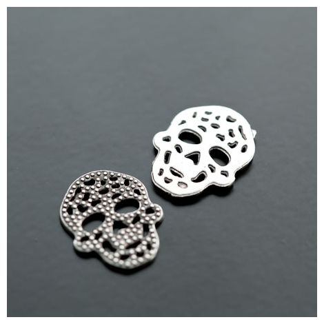 Breloque Connecteur Tête de mort - Skull plat filigrane Argent vieilli