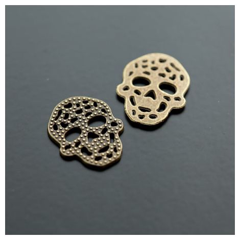 Breloque Connecteur Tête de mort - Skull plat filigrane Bronze vieilli