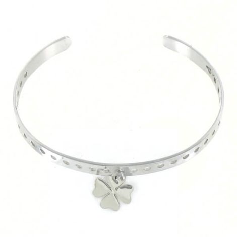 Bracelet jonc ouvert en acier avec un trèfle