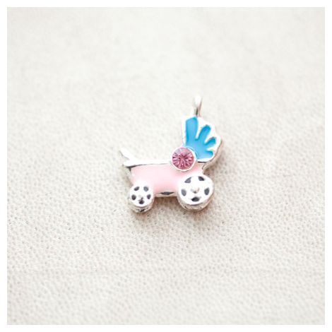 Pendentif Poussette Strass 22mm Argenté Émaillé Rose