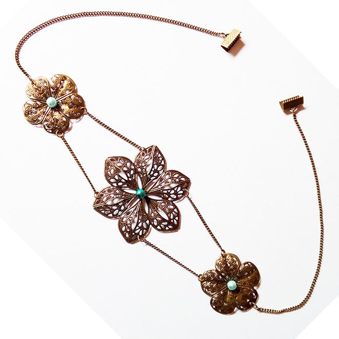 Headband cha&icirc;ne et estampes bronze vieilli orn&eacute;es de perles