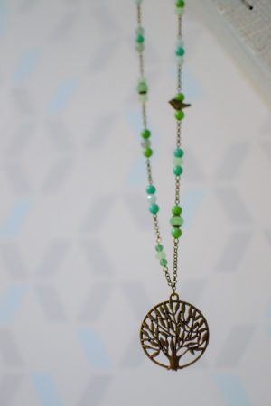 sautoir vert turquoise bronze inspiration nature jardin zen