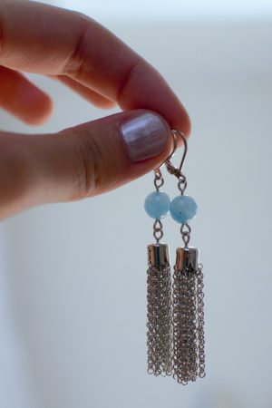 boucles d'oreilles pendantes argenté et bleu